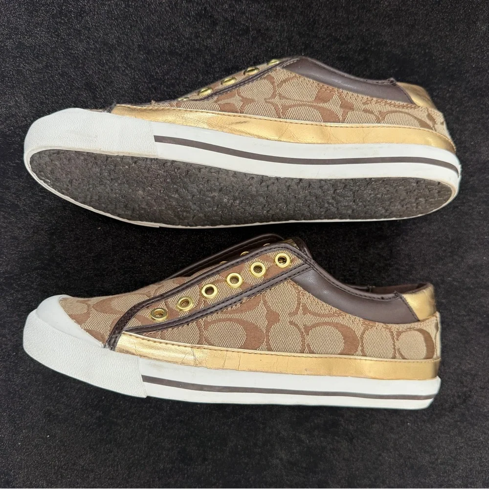 Coach Tan and Gold Patterned Slip-On Shoes - Picture 5 of 5